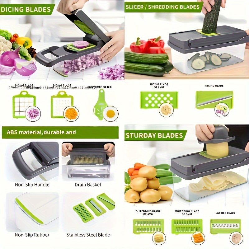 16-In-1 Vegetable Dicer & Chopper with Container | Multifunctional Manual Vegetable Slicer Cutter with Drain Basket