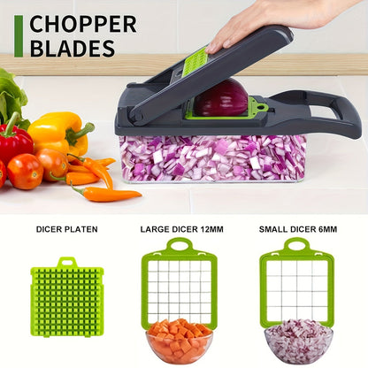 16-In-1 Vegetable Dicer & Chopper with Container | Multifunctional Manual Vegetable Slicer Cutter with Drain Basket