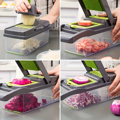 16-In-1 Vegetable Dicer & Chopper with Container | Multifunctional Manual Vegetable Slicer Cutter with Drain Basket
