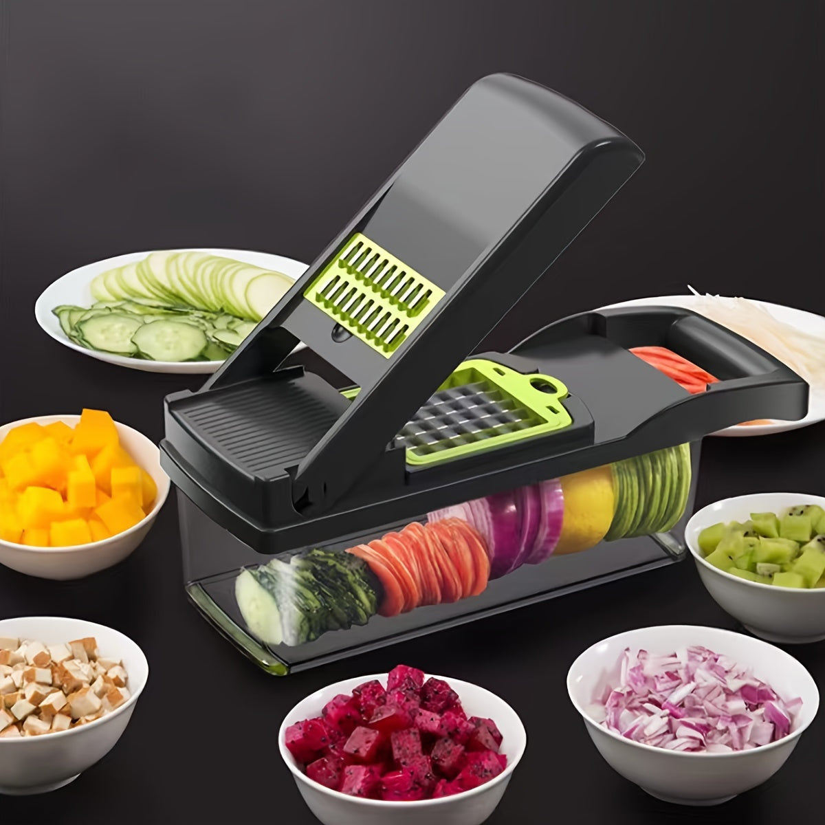 16-In-1 Vegetable Dicer & Chopper with Container | Multifunctional Manual Vegetable Slicer Cutter with Drain Basket